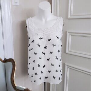 White/Black Prairie Boho Emroidered Sheer Sleeveless Dog Print Blouse
